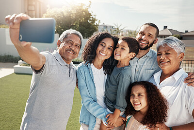 Buy stock photo Love, smile and selfie of happy big family bonding, relax or enjoy quality time together in Rio de Janeiro Brazil. Holiday vacation, backyard photo or youth children, parents and grandparents reunion