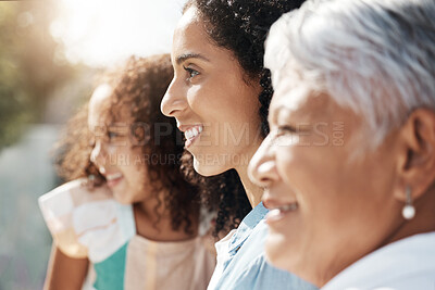 Buy stock photo Happy family generation of child, mother and grandmother bonding, smile or enjoy quality summer time together. Love, outdoor sunshine and face profile of people on vacation in Rio de Janeiro Brazil