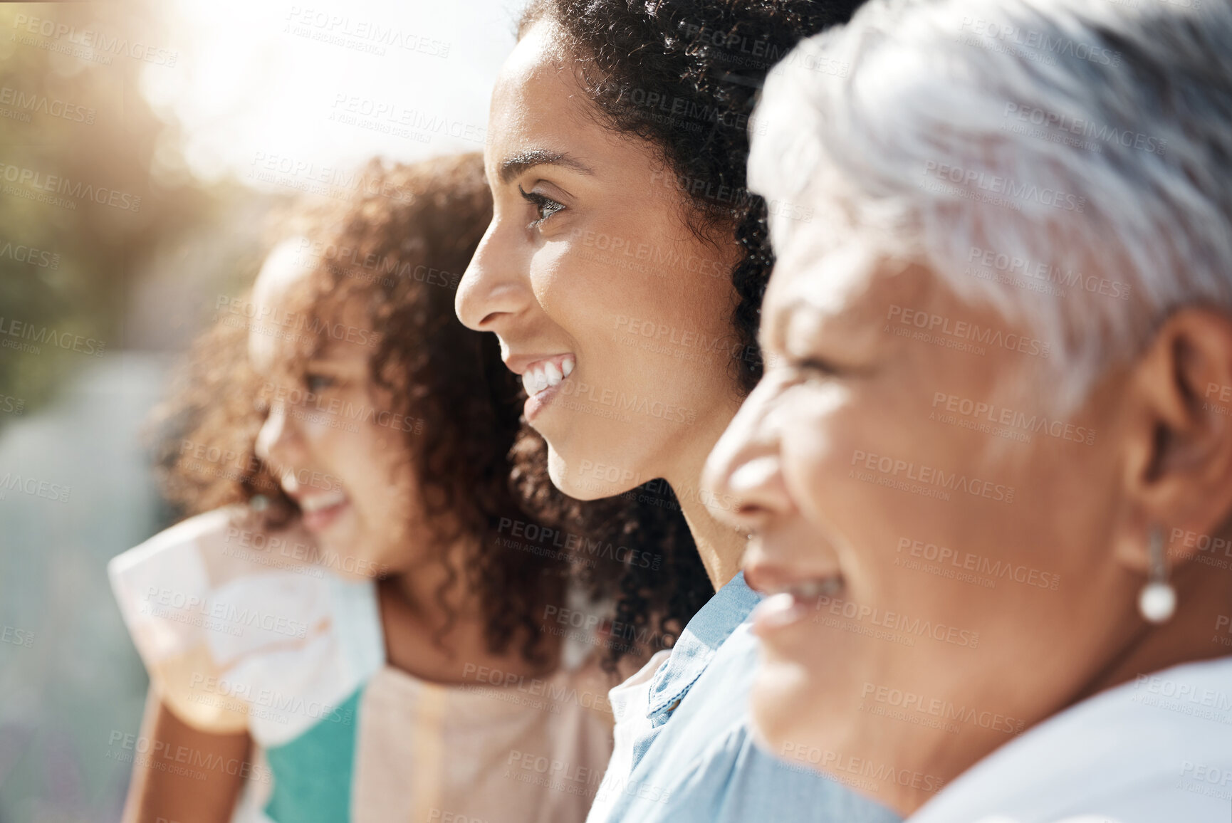 Buy stock photo Happy family generation of child, mother and grandmother bonding, smile or enjoy quality summer time together. Love, outdoor sunshine and face profile of people on vacation in Rio de Janeiro Brazil