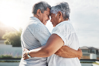 Buy stock photo Love, forehead and senior couple hug, outdoor and celebrate achievement, relationship and anniversary. Romance, old man and mature woman embrace, romantic or loving outside, bonding or face together 