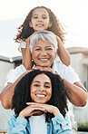 Portrait of happy family child, mother and grandmother bonding, smile and enjoy quality summer time together. Love, outdoor sunshine and generation face of people on vacation in Rio de Janeiro Brazil