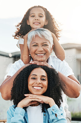Buy stock photo Portrait of happy family child, mother and grandmother bonding, smile and enjoy quality summer time together. Love, outdoor sunshine and generation face of people on vacation in Rio de Janeiro Brazil