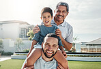 Portrait of happy family child, father and grandfather bonding, smile or enjoy quality time together in front yard. House lawn, vacation love and outdoor people on holiday in Rio de Janeiro Brazil