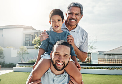 Buy stock photo Portrait of happy family child, father and grandfather bonding, smile or enjoy quality time together in front yard. House lawn, vacation love and outdoor people on holiday in Rio de Janeiro Brazil