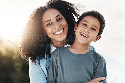 Buy stock photo Happy family hug, portrait and child and mother bonding, laughing or enjoy quality time together in nature park. Vacation face, love smile and outdoor people on relax holiday in Rio de Janeiro Brazil