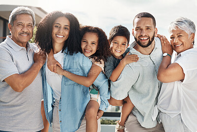 Buy stock photo Love, smile and portrait of happy big family bonding, relax  and enjoy quality time together in Rio de Janeiro Brazil. Holiday vacation, happiness and youth children, parents and grandparents reunion