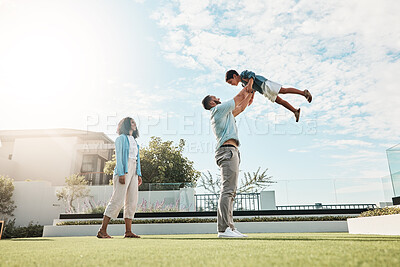 Buy stock photo Playground, park and family outdoor in nature on a summer day on holiday with mom, dad and child. Play, fun and freedom of a mother, man and kid in the air together with love and parent care 