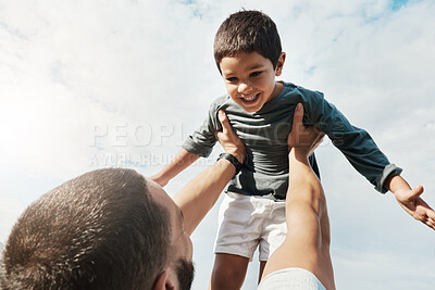 Buy stock photo Family, father and child in air outdoors enjoying playing on holiday, vacation and weekend in park. Freedom, childhood and happy face of boy with dad lifting son for bonding, quality time and relax