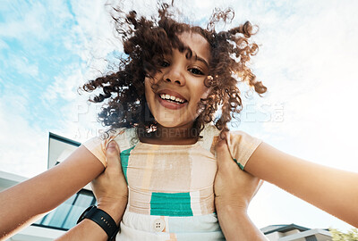 Buy stock photo Portrait, children and pov with a black girl in the hands of her father outdoor in the garden of their home together. Love, fun or kids and a female child playing with a parent in the backyard