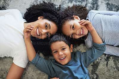 Buy stock photo Family, mom and children relax together at home, love and care in portrait with motherhood and happiness. Freedom, happy people and bonding, black woman and kids smile with childhood top view