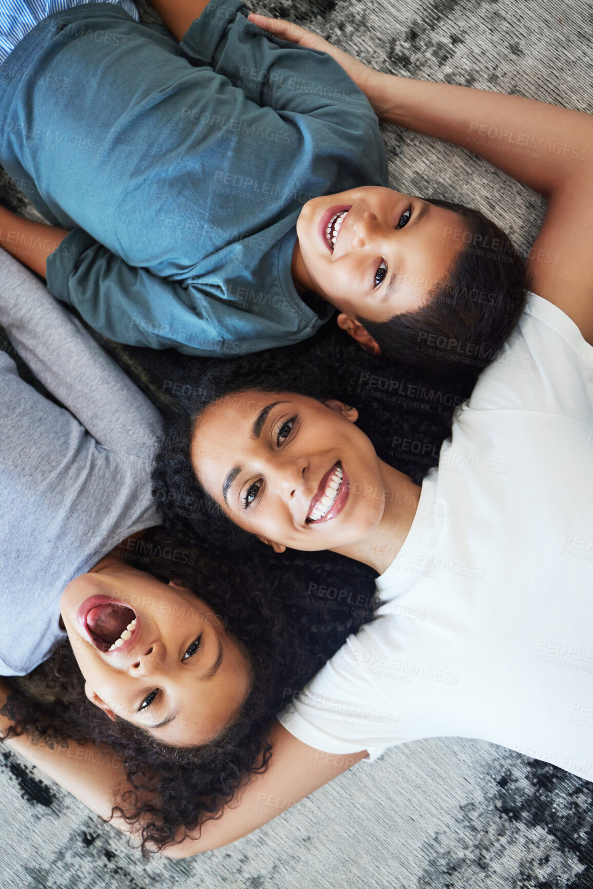 Buy stock photo Top view, family and portrait of mother with kids in home, having fun and laughing at funny joke. Love, care and happy mama with girl, boy or children, bonding and enjoying quality time together.