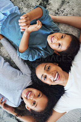 Buy stock photo Family, mother and children relax together at home, love and care in portrait with motherhood and happiness. Freedom, happy people and bonding, black woman and kids smile with childhood top view
