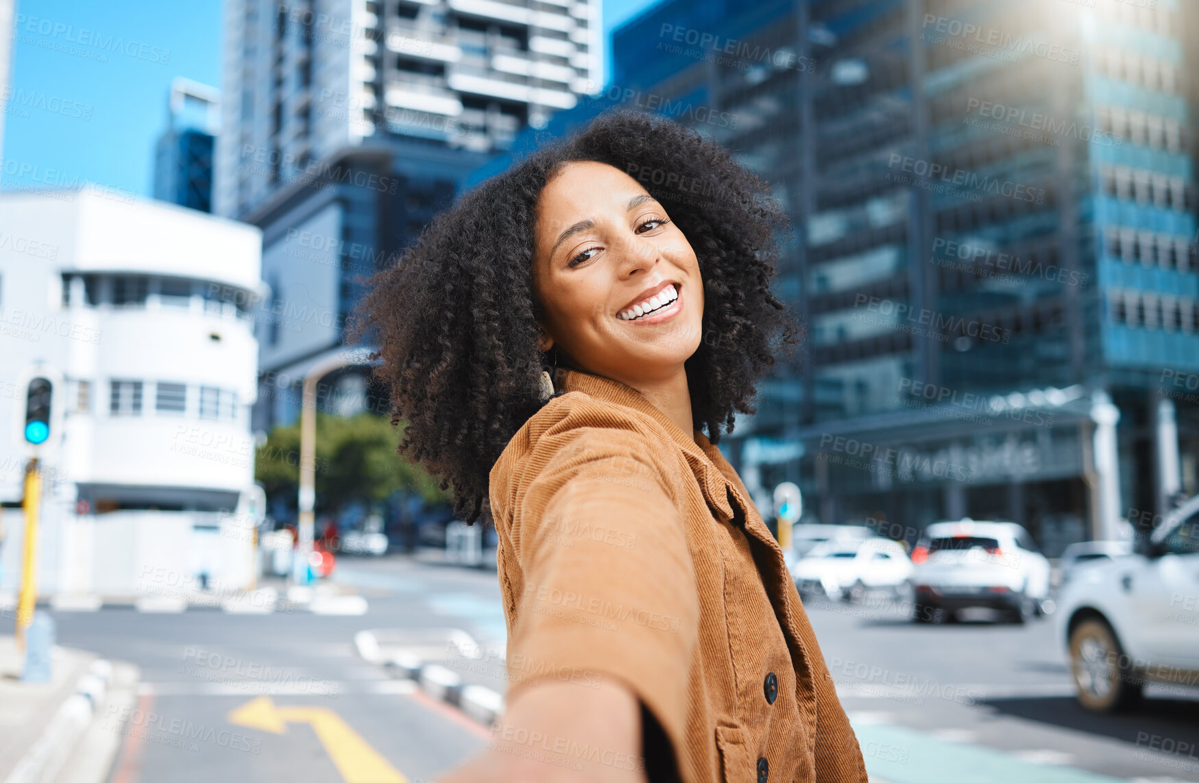 Buy stock photo Selfie, urban city and black woman for travel, fashion influencer and social media update of journey in street. Walking, carbon capture and happy person in road with portrait or profile picture