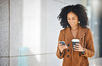 Coffee, social media and black woman relax in a city, happy and smile while walking on building background. Tea, texting and female happy with app, networking and subscription while walking downtown