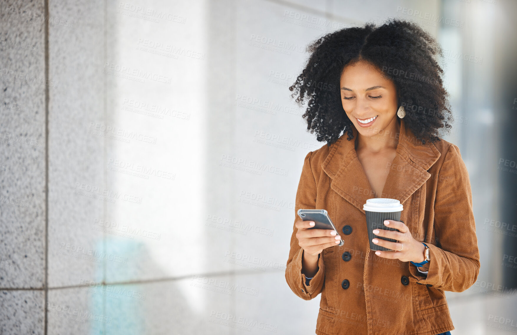 Buy stock photo Coffee, social media and black woman relax in a city, happy and smile while walking on building background. Tea, texting and female happy with app, networking and subscription while walking downtown