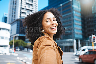 Buy stock photo Selfie, urban city and black woman for travel, fashion influencer and outdoor journey in street with natural afro hair. Walking, carbon capture and freedom, happy and young person on road in portrait