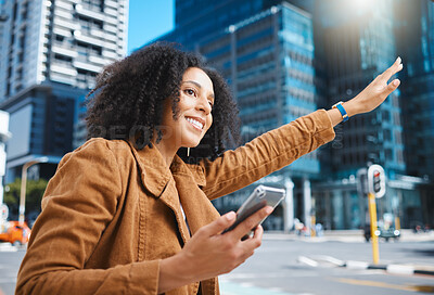 Buy stock photo Black woman, city and stop taxi with hand, phone and sunshine on urban adventure in summer. Girl, outdoor on sidewalk or street in metro for transport, bus or ride service with app, holiday or travel