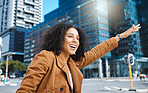 Black woman, city and stop taxi with smile, sunshine and urban adventure on sidewalk in summer. Girl, outdoor and street in metro for transport, bus or ride service with happiness, holiday or travel