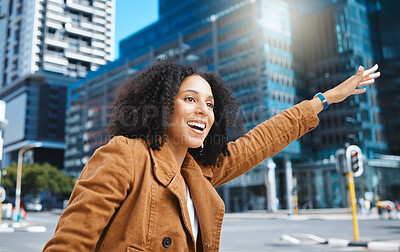 Buy stock photo Black woman, city and stop taxi with smile, sunshine and urban adventure on sidewalk in summer. Girl, outdoor and street in metro for transport, bus or ride service with happiness, holiday or travel