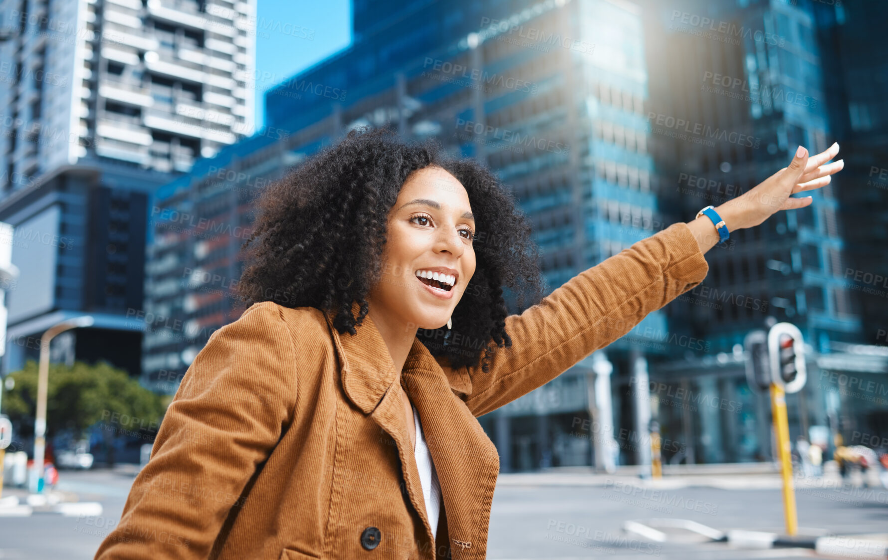 Buy stock photo Black woman, city and stop taxi with smile, sunshine and urban adventure on sidewalk in summer. Girl, outdoor and street in metro for transport, bus or ride service with happiness, holiday or travel