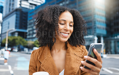 Buy stock photo Black woman, city and texting with phone, smile or sunshine on outdoor adventure in summer. Girl, urban sidewalk or street in metro for social media, app and chat with happiness, holiday or travel