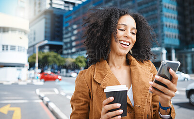 Buy stock photo Black woman, city and laughing with phone, coffee and social network with smile. Happy female walking in urban street with mobile technology, smartphone or reading funny notification on 5g connection