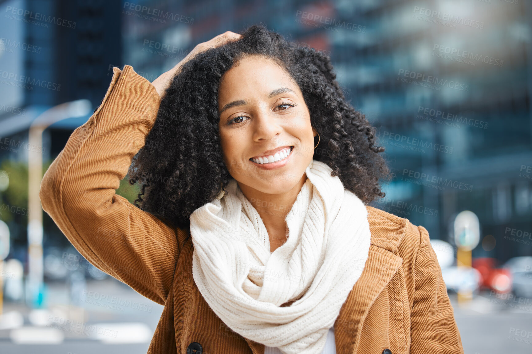 Buy stock photo Travel, portrait and black woman in a city, happy and smile on vacation against urban background. Face, smile and tourist on holiday on New York, cheerful and relax downtown for fun, freedom or break