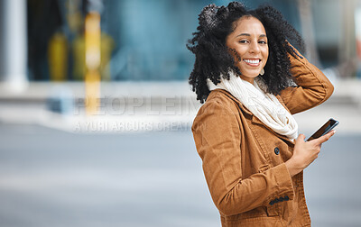 Buy stock photo Phone, city and portrait of black woman travel, communication and social media networking on way to work. Walking, 5g technology and winter fashion person on smartphone in urban city street or road