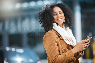 Black woman, smile and phone in social media with headphones in joy for 5G  connection in the outdoors. Happy African American female student smiling  for technology and internet on mobile smartphone