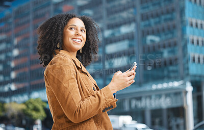 Buy stock photo Phone, city and thinking black woman for travel, communication or social media networking on way to work. Walking, 5g technology and young person ideas on smartphone, mobile or chat in urban street