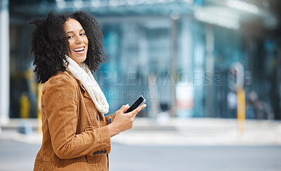 Buy stock photo City, phone and portrait of black woman walking, communication or social media networking on way to work. Travel, 5g technology and winter fashion person on smartphone chat in urban street or road