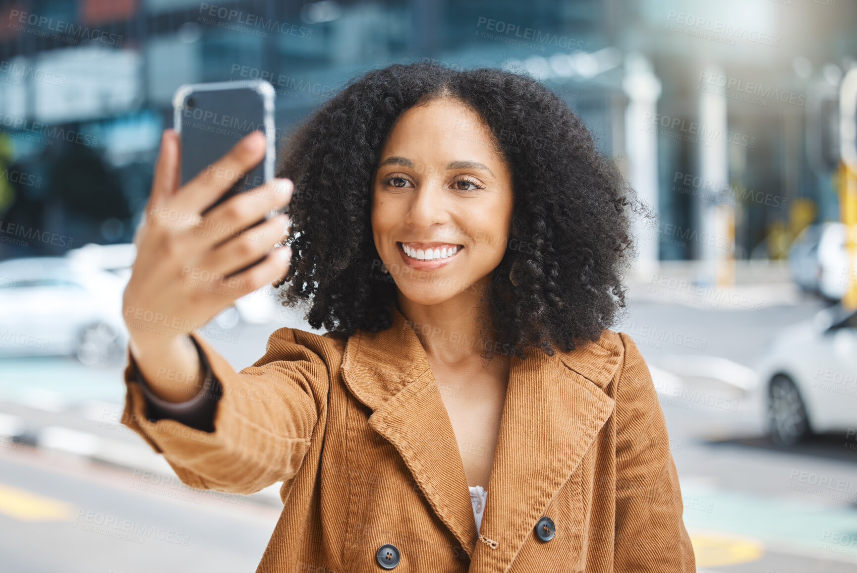 Buy stock photo Selfie, travel and black woman in a city, happy and smile on vacation against urban background. Blog, social media and girl influencer live streaming trip in New York for online, followers or network