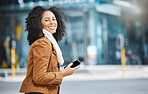City, portrait and and travel black woman on phone, communication or social media networking on mobile. Walking, 5g technology and winter fashion person on smartphone chat in urban street or road