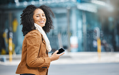 Buy stock photo City, portrait and and travel black woman on phone, communication or social media networking on mobile. Walking, 5g technology and winter fashion person on smartphone chat in urban street or road