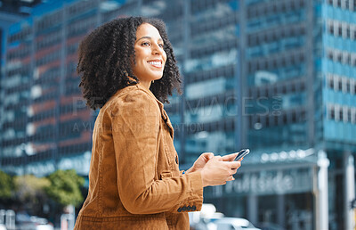 Buy stock photo Black woman, phone or thinking in city, town or urban street in morning commute, travel or lunch break. Smile, happy or creative worker on mobile communication technology for gps location map or idea