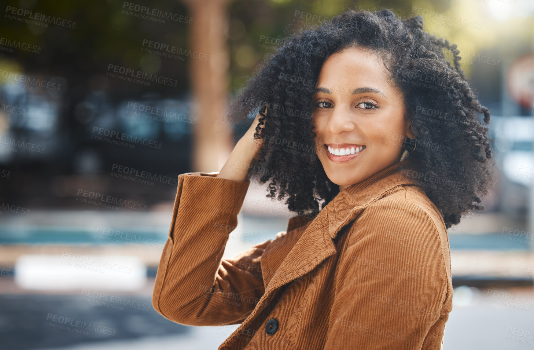 Buy stock photo Freedom, portrait and travel by black woman in city, happy and smile on vacation against urban background. Face, smile and tourist on holiday on New York, cheerful and relax downtown for fun or break