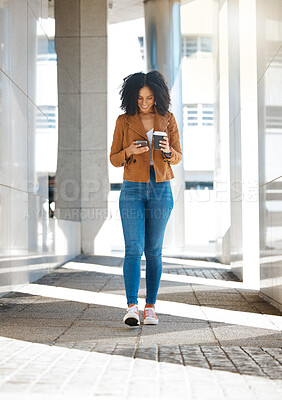 Buy stock photo Black woman, phone or walking with coffee in city, town or urban street in morning commute, travel or office lunch break. Smile, happy or creative worker on mobile communication technology with tea