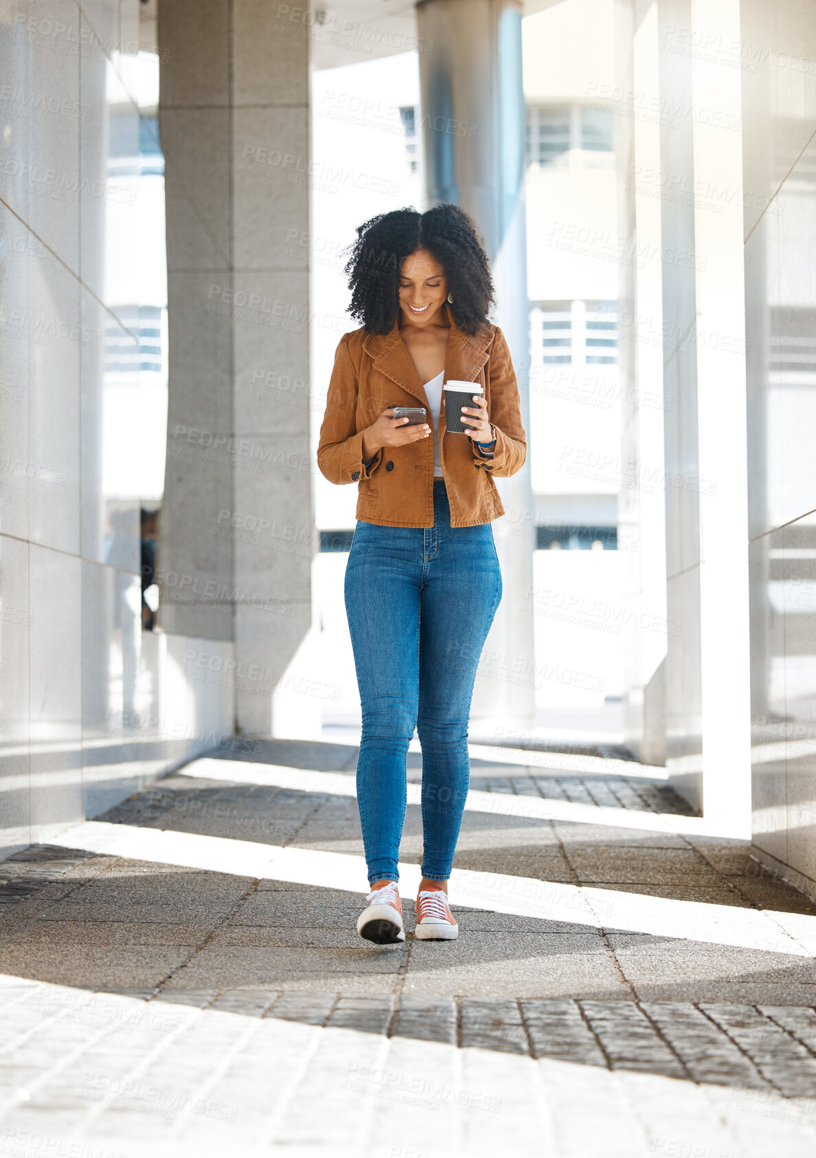 Buy stock photo Black woman, phone or walking with coffee in city, town or urban street in morning commute, travel or office lunch break. Smile, happy or creative worker on mobile communication technology with tea