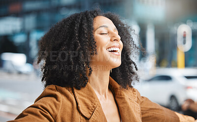 Buy stock photo Happy, freedom and black woman in a city for travel, vacation and holiday against an urban background. Smile, free and living girl in New York for break, explore and journey with happiness and mockup