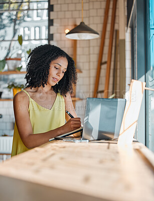 Buy stock photo Business owner, black woman and writing for planning, remote work from home or focus on new project. African American female, employee or entrepreneur with laptop, making notes or thinking for growth