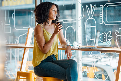 Buy stock photo Black woman, coffee shop and thinking by window with idea, vision and goals for life, career or job. Young gen z girl, student and drink latte in cafe with focus, motivation and laptop for research