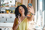 Black woman, cafe and selfie with peace sign, hands and relax for social media, app or profile picture. Young gen z girl, student and coffee shop with smartphone app, photo and happiness in morning