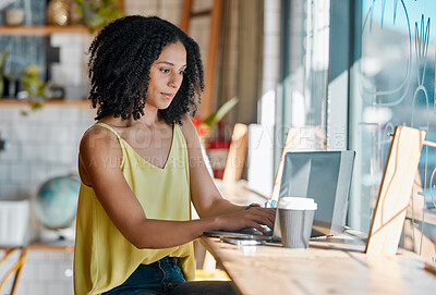 Buy stock photo Black woman, cafe and laptop with coffee shop wifi connection while typing email or feedback. Young entrepreneur person doing remote work, social media or writing blog or social media post content