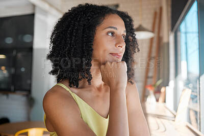 Buy stock photo Face, thinking and a black woman waiting in a coffee shop for her order or date while feeling bored. Idea, alone or window and an attractive young female sitting in a cafe with her hand on her chin