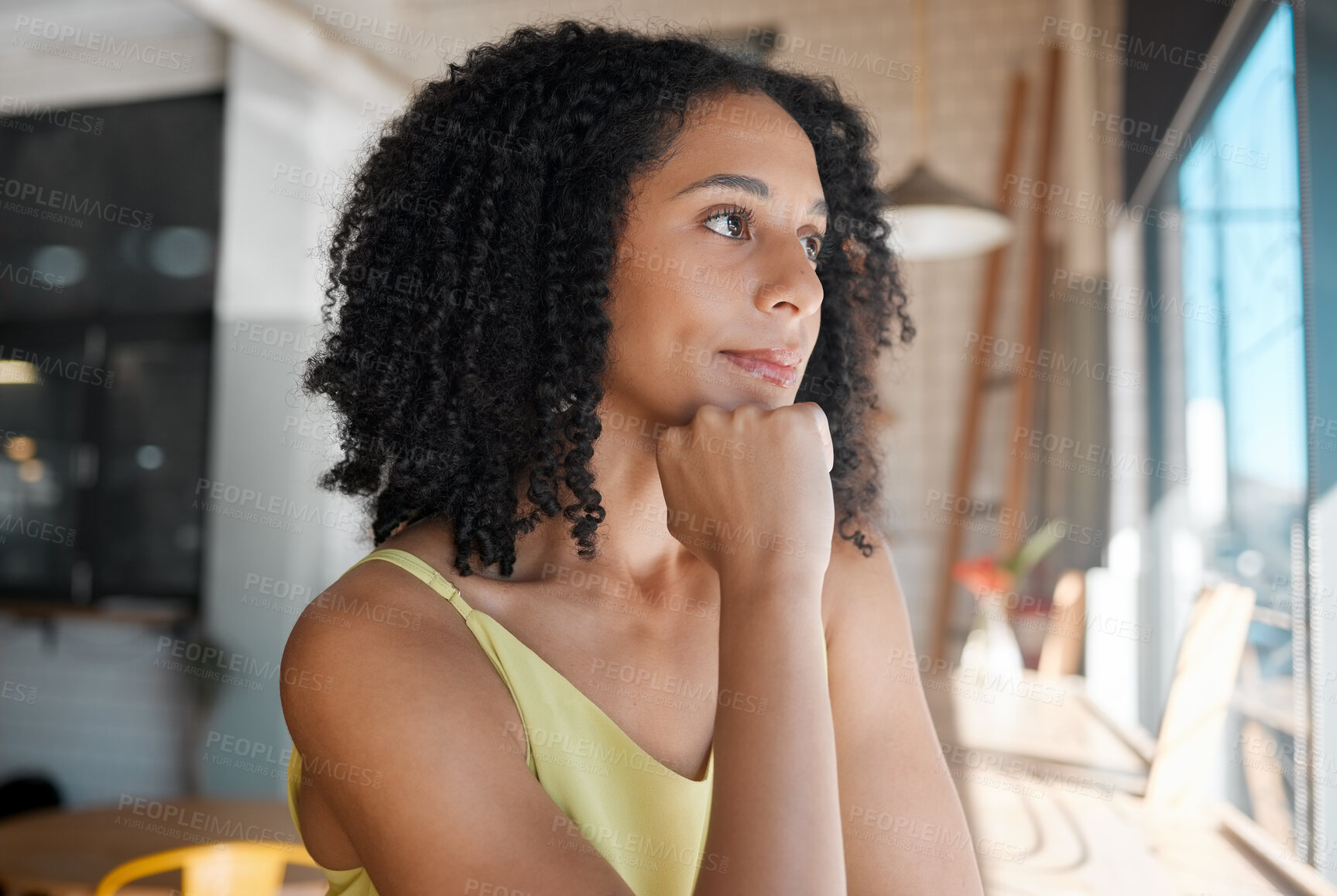 Buy stock photo Face, thinking and a black woman waiting in a coffee shop for her order or date while feeling bored. Idea, alone or window and an attractive young female sitting in a cafe with her hand on her chin