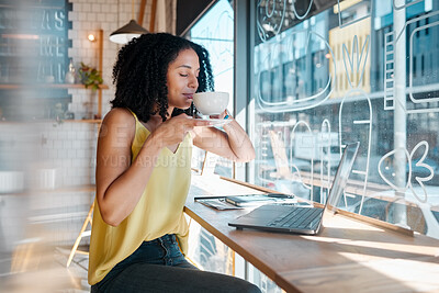 Buy stock photo Window, laptop and internet cafe with a black woman blogger smelling a beverage during remote work. Coffee shop, freelance and startup with an attractive young female working in a restaurant