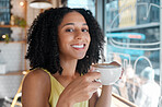 Happy black woman, portrait and relax in coffee shop, restaurant or bistro for lunch, latte and easy lifestyle. Face, cafe and female enjoy cup of drink, cappuccino and break alone with happiness