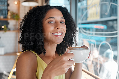 Buy stock photo Happy black woman, portrait and relax in coffee shop, restaurant or bistro for lunch, latte and easy lifestyle. Face, cafe and female enjoy cup of drink, cappuccino and break alone with happiness