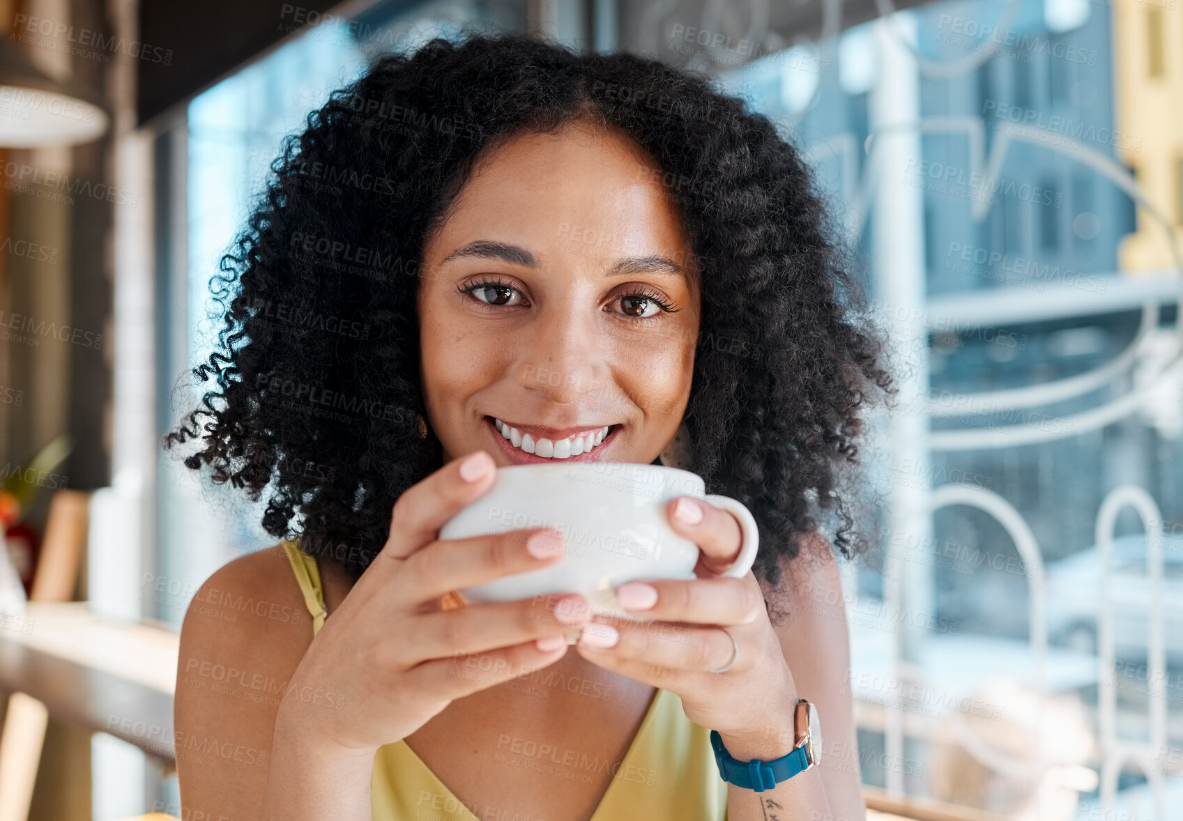 Buy stock photo Happy black woman, portrait and relax in coffee shop, restaurant or bistro for lunch, latte and smile. Face, cafe and young female enjoy cup of tea drink, cappuccino and break alone with happiness