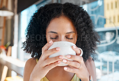 Buy stock photo Person, relax or drinking coffee in cafe or restaurant for lunch break, mindfulness or self love zen. Beverage, student or black woman with tea cup drink for personal time, inspiration or calm peace